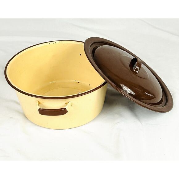Vintage Enamel Ware Stock Pot w/ Lid Cookware Beige / Brown Farmhouse - Picture 2 of 7